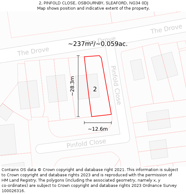 2, PINFOLD CLOSE, OSBOURNBY, SLEAFORD, NG34 0DJ: Plot and title map