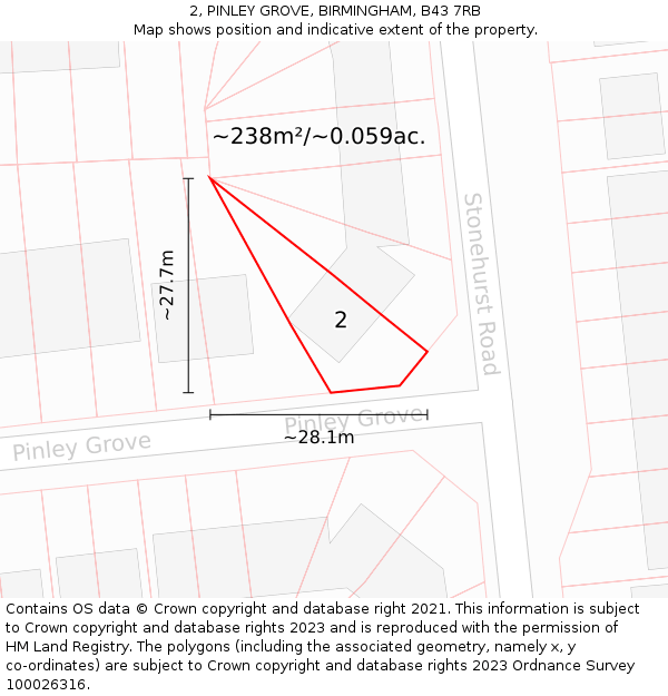 2, PINLEY GROVE, BIRMINGHAM, B43 7RB: Plot and title map