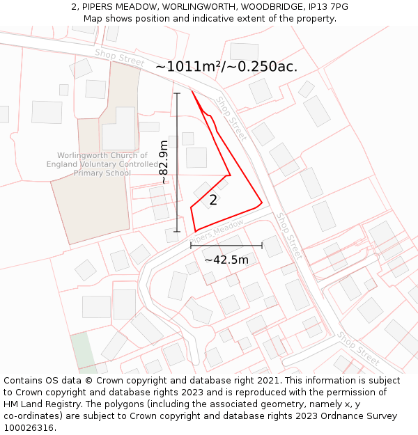 2, PIPERS MEADOW, WORLINGWORTH, WOODBRIDGE, IP13 7PG: Plot and title map