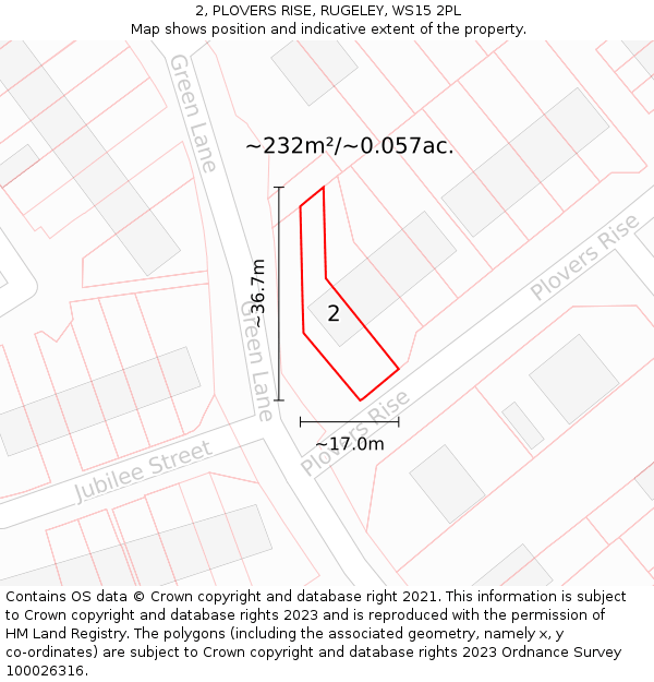 2, PLOVERS RISE, RUGELEY, WS15 2PL: Plot and title map
