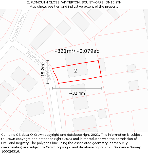 2, PLYMOUTH CLOSE, WINTERTON, SCUNTHORPE, DN15 9TH: Plot and title map