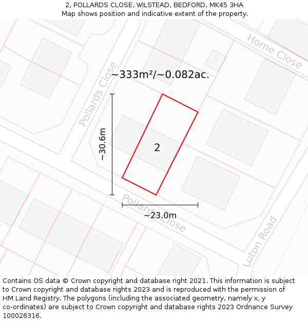 2, POLLARDS CLOSE, WILSTEAD, BEDFORD, MK45 3HA: Plot and title map