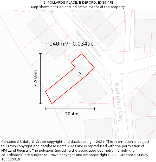 2, POLLARDS PLACE, BIDEFORD, EX39 4FE: Plot and title map