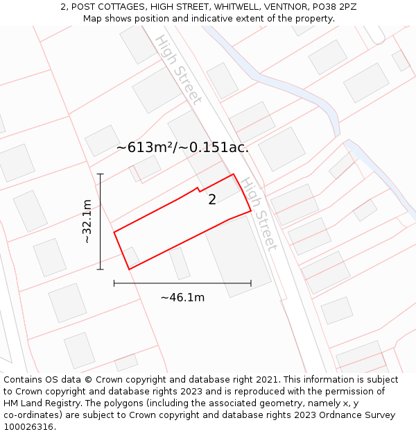 2, POST COTTAGES, HIGH STREET, WHITWELL, VENTNOR, PO38 2PZ: Plot and title map
