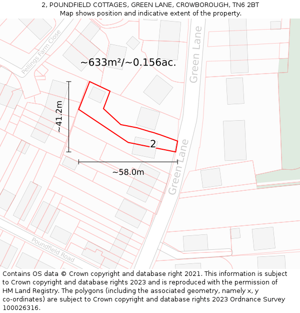 2, POUNDFIELD COTTAGES, GREEN LANE, CROWBOROUGH, TN6 2BT: Plot and title map