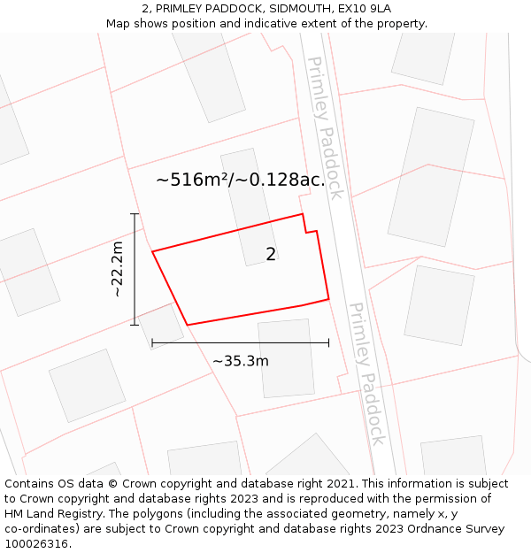 2, PRIMLEY PADDOCK, SIDMOUTH, EX10 9LA: Plot and title map
