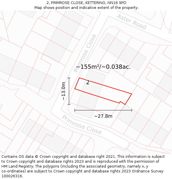 2, PRIMROSE CLOSE, KETTERING, NN16 9PD: Plot and title map