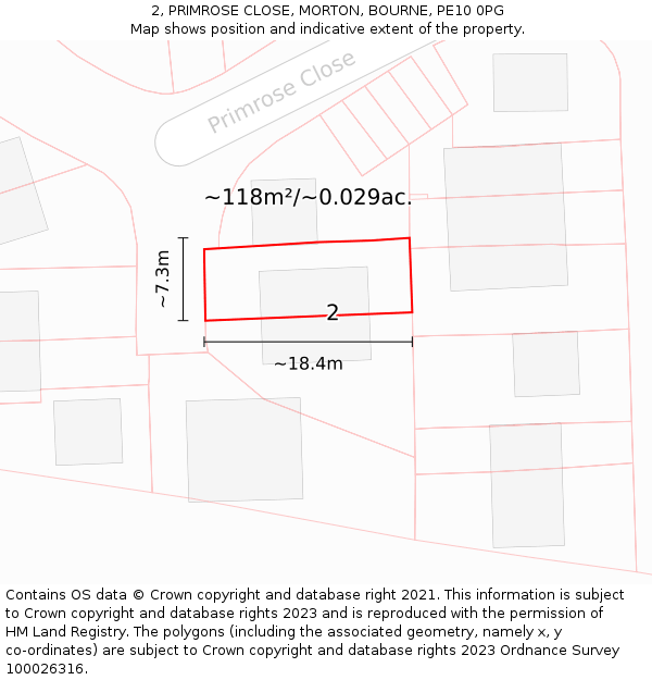2, PRIMROSE CLOSE, MORTON, BOURNE, PE10 0PG: Plot and title map