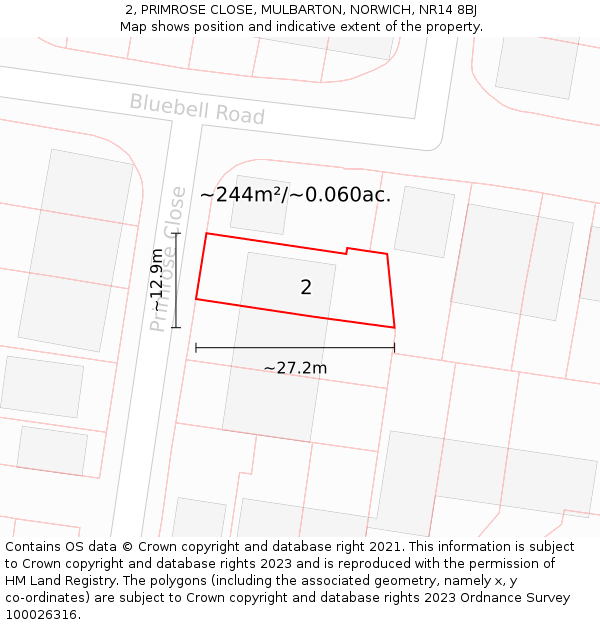 2, PRIMROSE CLOSE, MULBARTON, NORWICH, NR14 8BJ: Plot and title map