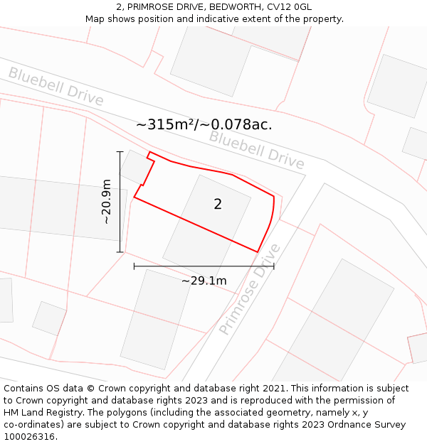 2, PRIMROSE DRIVE, BEDWORTH, CV12 0GL: Plot and title map