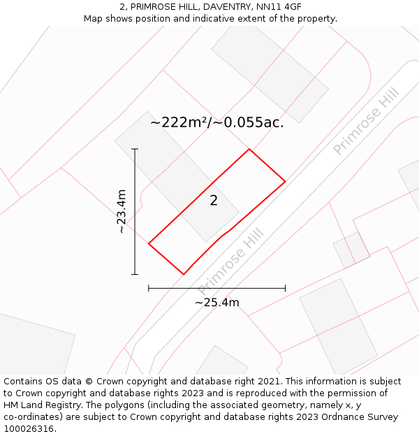 2, PRIMROSE HILL, DAVENTRY, NN11 4GF: Plot and title map