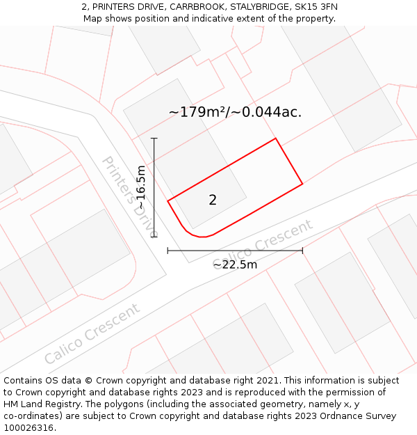 2, PRINTERS DRIVE, CARRBROOK, STALYBRIDGE, SK15 3FN: Plot and title map