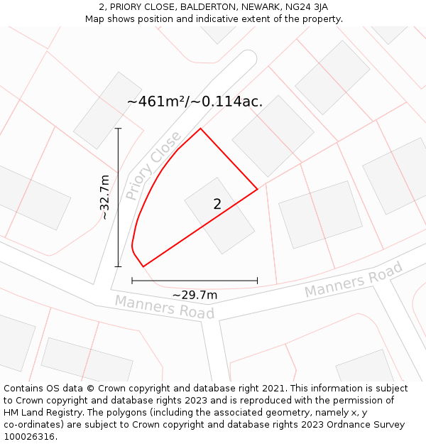 2, PRIORY CLOSE, BALDERTON, NEWARK, NG24 3JA: Plot and title map