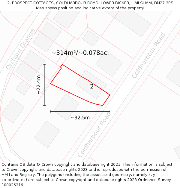 2, PROSPECT COTTAGES, COLDHARBOUR ROAD, LOWER DICKER, HAILSHAM, BN27 3PS: Plot and title map