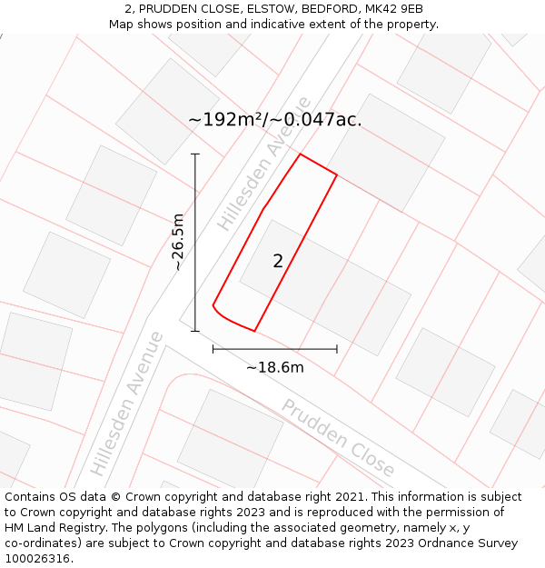 2, PRUDDEN CLOSE, ELSTOW, BEDFORD, MK42 9EB: Plot and title map