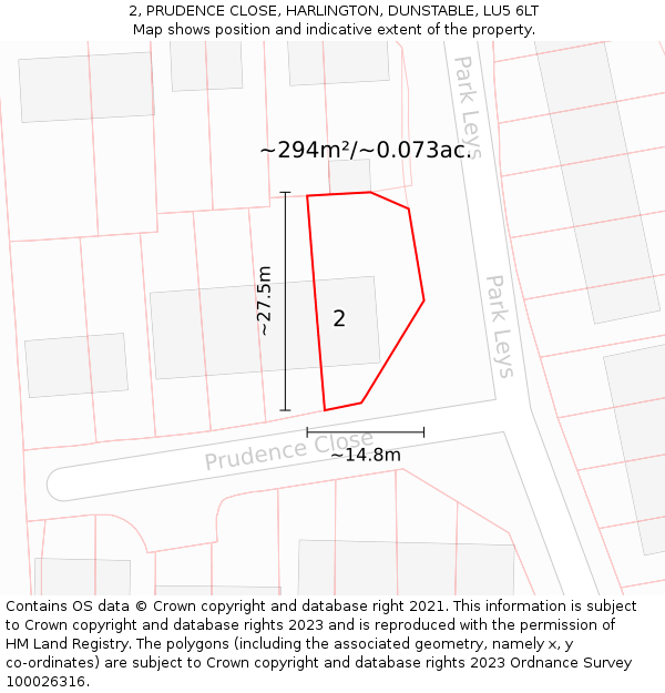 2, PRUDENCE CLOSE, HARLINGTON, DUNSTABLE, LU5 6LT: Plot and title map