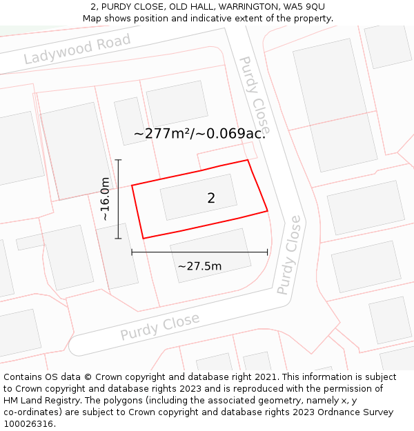 2, PURDY CLOSE, OLD HALL, WARRINGTON, WA5 9QU: Plot and title map