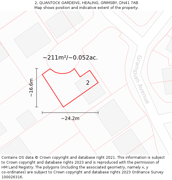 2, QUANTOCK GARDENS, HEALING, GRIMSBY, DN41 7AB: Plot and title map