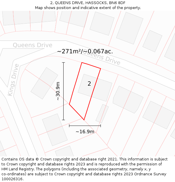 2, QUEENS DRIVE, HASSOCKS, BN6 8DF: Plot and title map