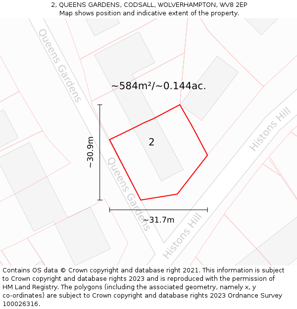 2, QUEENS GARDENS, CODSALL, WOLVERHAMPTON, WV8 2EP: Plot and title map