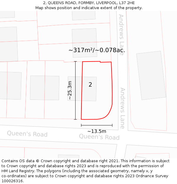 2, QUEENS ROAD, FORMBY, LIVERPOOL, L37 2HE: Plot and title map
