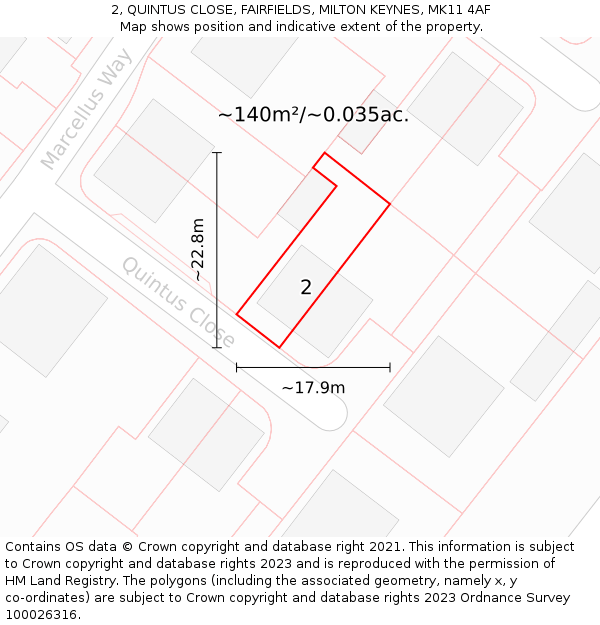 2, QUINTUS CLOSE, FAIRFIELDS, MILTON KEYNES, MK11 4AF: Plot and title map