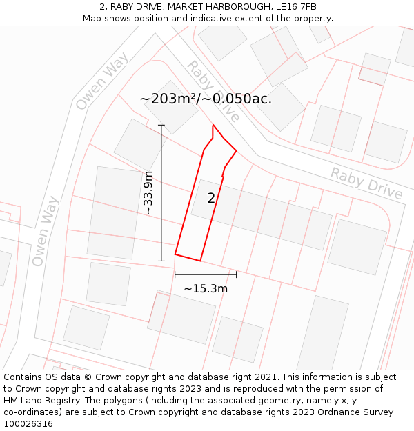 2, RABY DRIVE, MARKET HARBOROUGH, LE16 7FB: Plot and title map