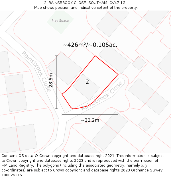 2, RAINSBROOK CLOSE, SOUTHAM, CV47 1GL: Plot and title map