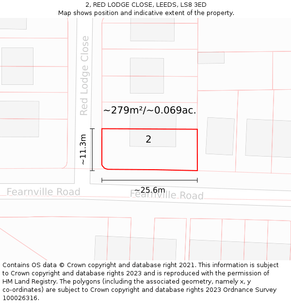 2, RED LODGE CLOSE, LEEDS, LS8 3ED: Plot and title map