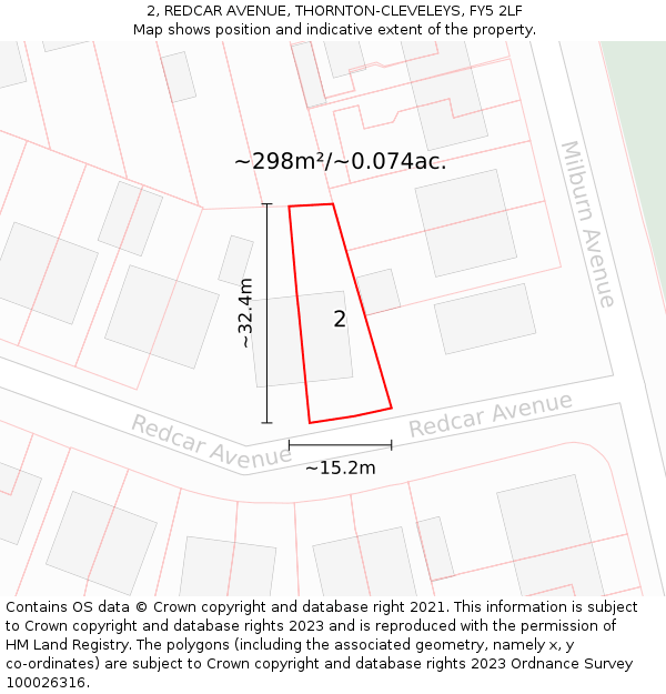 2, REDCAR AVENUE, THORNTON-CLEVELEYS, FY5 2LF: Plot and title map