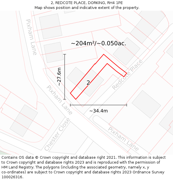 2, REDCOTE PLACE, DORKING, RH4 1PE: Plot and title map