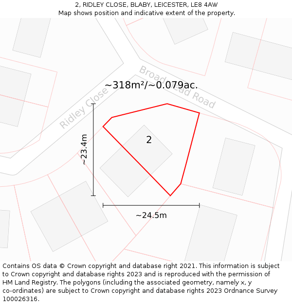 2, RIDLEY CLOSE, BLABY, LEICESTER, LE8 4AW: Plot and title map