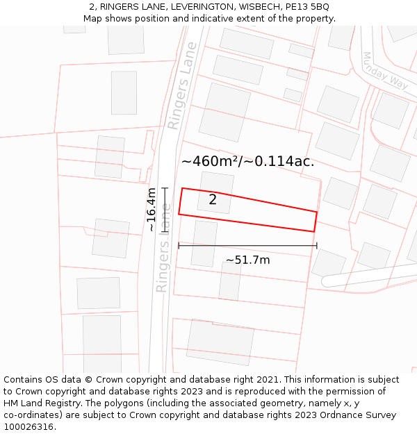 2, RINGERS LANE, LEVERINGTON, WISBECH, PE13 5BQ: Plot and title map