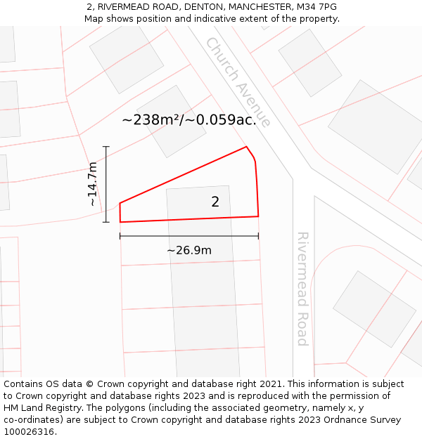 2, RIVERMEAD ROAD, DENTON, MANCHESTER, M34 7PG: Plot and title map