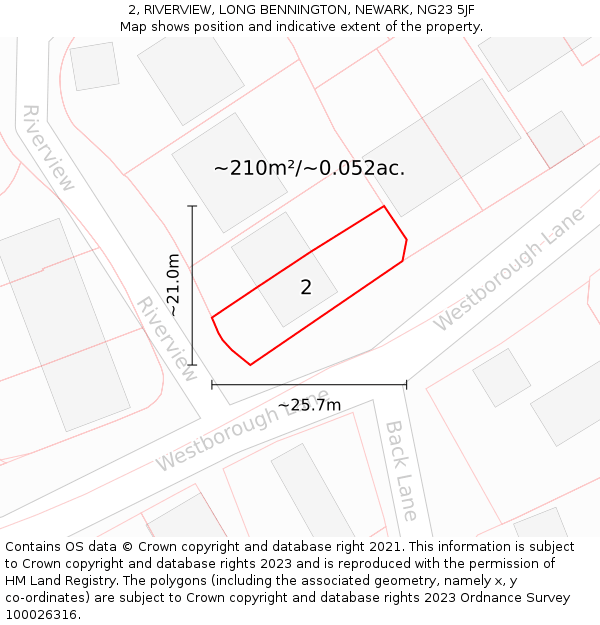 2, RIVERVIEW, LONG BENNINGTON, NEWARK, NG23 5JF: Plot and title map