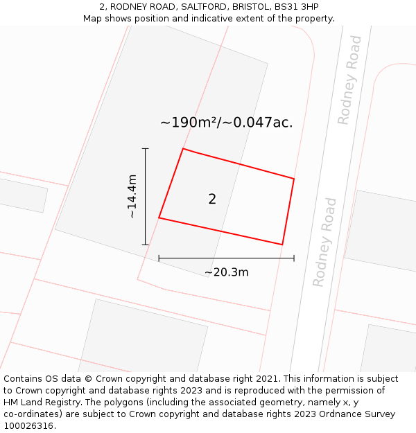 2, RODNEY ROAD, SALTFORD, BRISTOL, BS31 3HP: Plot and title map