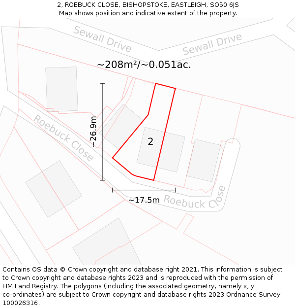 2, ROEBUCK CLOSE, BISHOPSTOKE, EASTLEIGH, SO50 6JS: Plot and title map