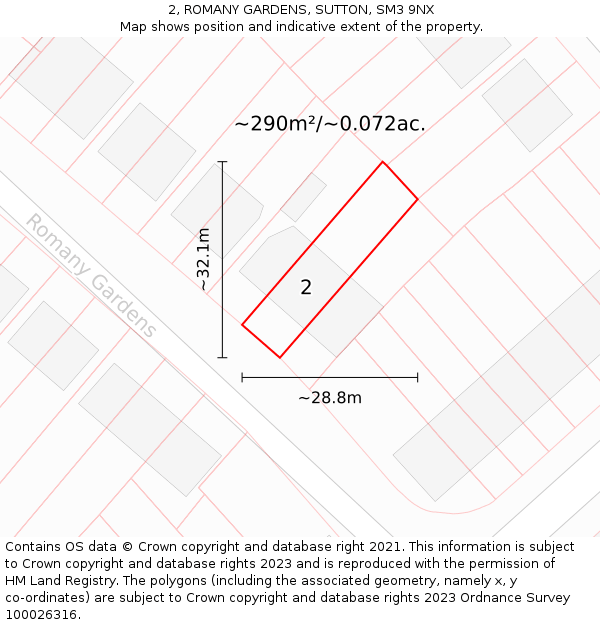 2, ROMANY GARDENS, SUTTON, SM3 9NX: Plot and title map