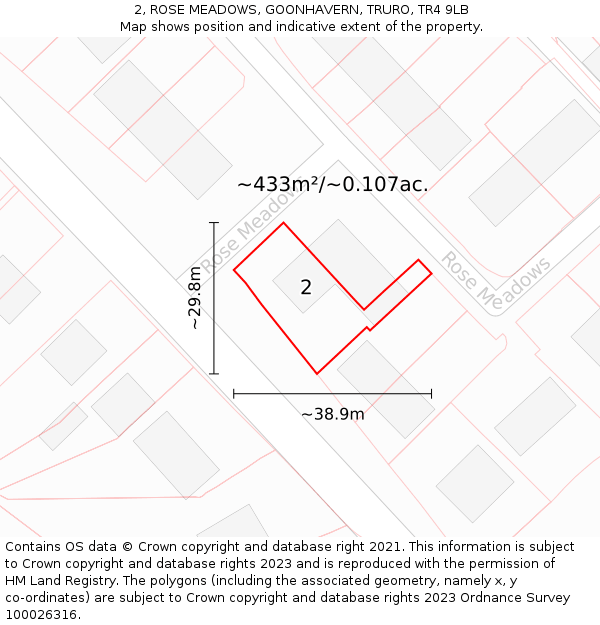 2, ROSE MEADOWS, GOONHAVERN, TRURO, TR4 9LB: Plot and title map