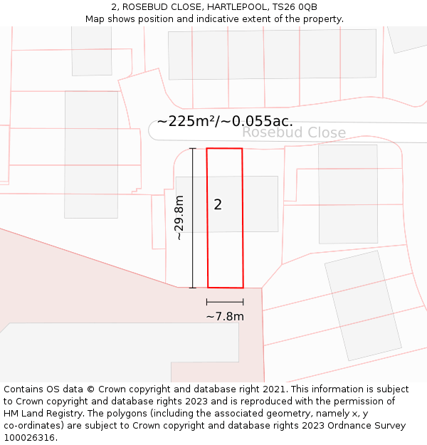 2, ROSEBUD CLOSE, HARTLEPOOL, TS26 0QB: Plot and title map