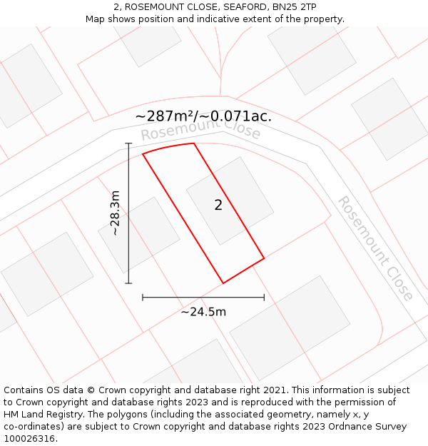 2, ROSEMOUNT CLOSE, SEAFORD, BN25 2TP: Plot and title map
