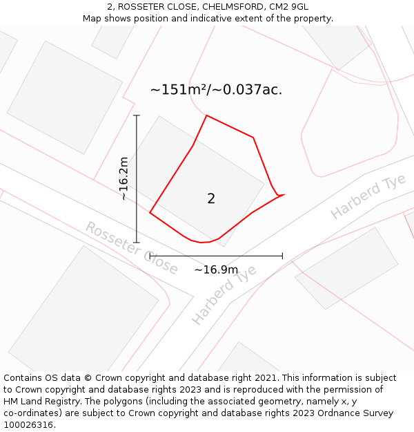 2, ROSSETER CLOSE, CHELMSFORD, CM2 9GL: Plot and title map