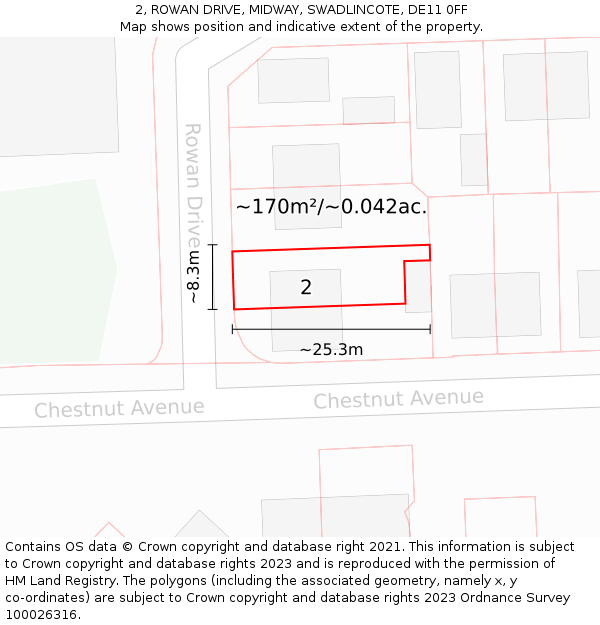 2, ROWAN DRIVE, MIDWAY, SWADLINCOTE, DE11 0FF: Plot and title map