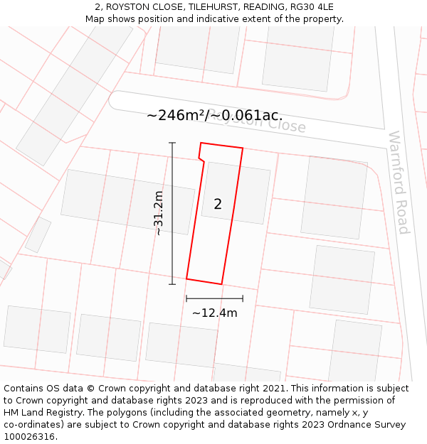 2, ROYSTON CLOSE, TILEHURST, READING, RG30 4LE: Plot and title map