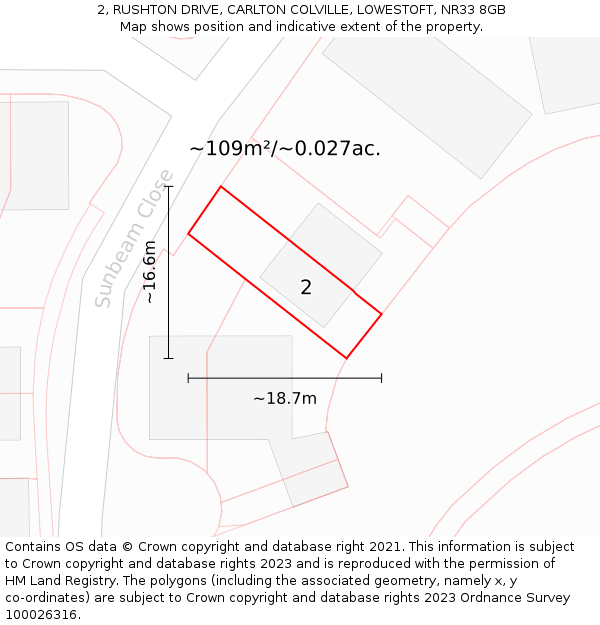 2, RUSHTON DRIVE, CARLTON COLVILLE, LOWESTOFT, NR33 8GB: Plot and title map