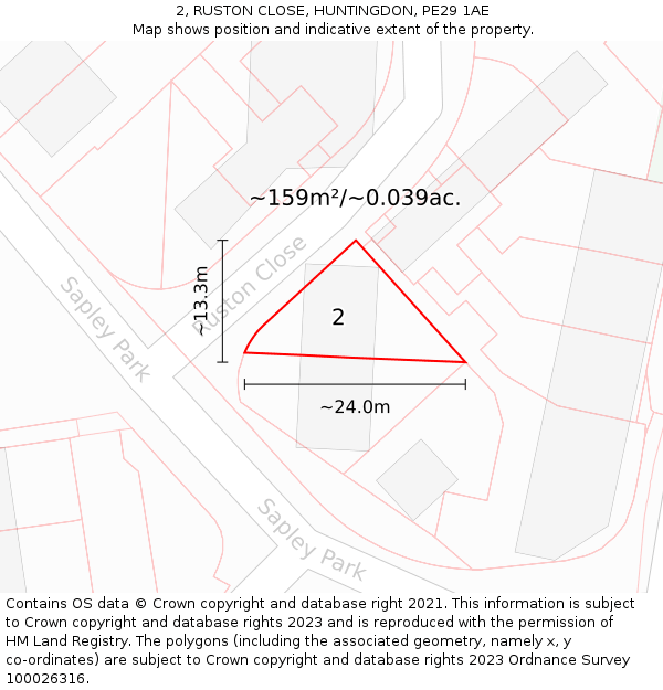 2, RUSTON CLOSE, HUNTINGDON, PE29 1AE: Plot and title map