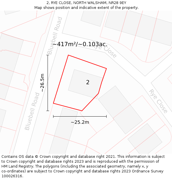 2, RYE CLOSE, NORTH WALSHAM, NR28 9EY: Plot and title map