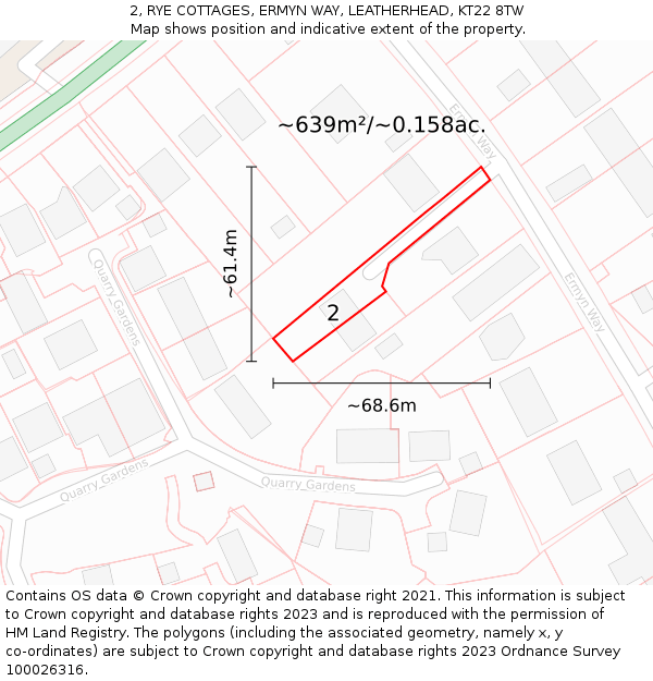 2, RYE COTTAGES, ERMYN WAY, LEATHERHEAD, KT22 8TW: Plot and title map