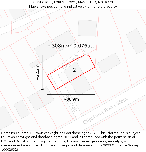 2, RYECROFT, FOREST TOWN, MANSFIELD, NG19 0GE: Plot and title map