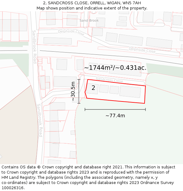 2, SANDCROSS CLOSE, ORRELL, WIGAN, WN5 7AH: Plot and title map